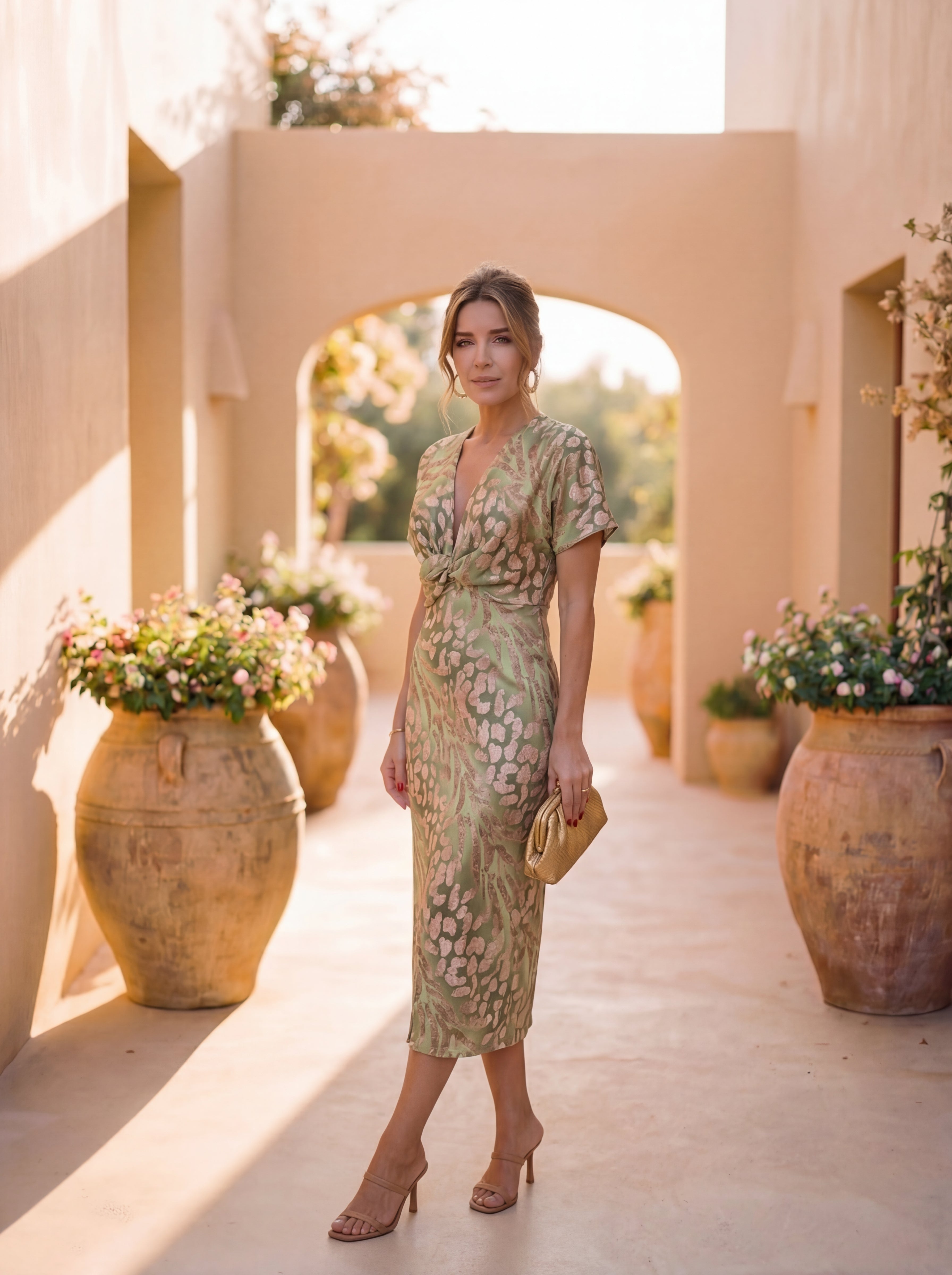 Vestido Midi Estilizador con Nudo Central y Caída Elegante